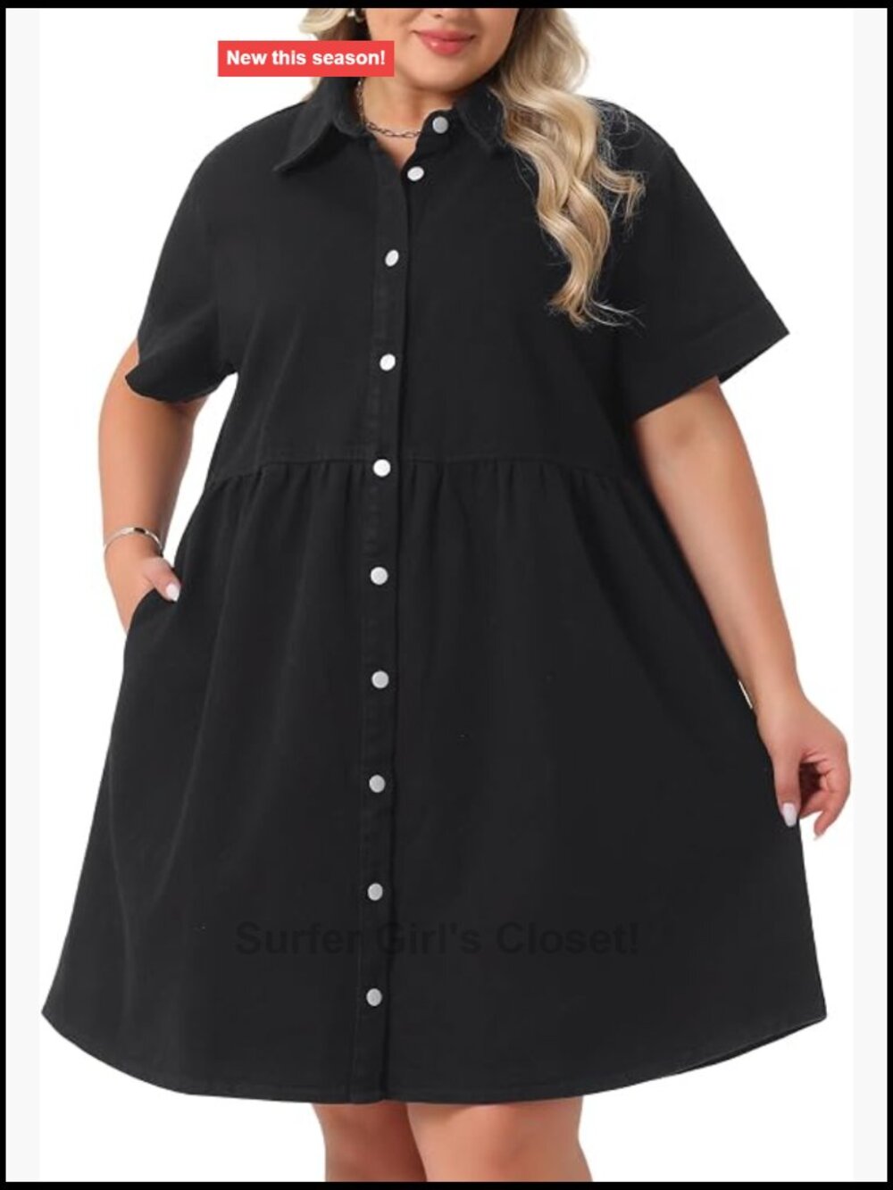 Plus Size Babydoll Denim Dress Midi A-Line Button Front